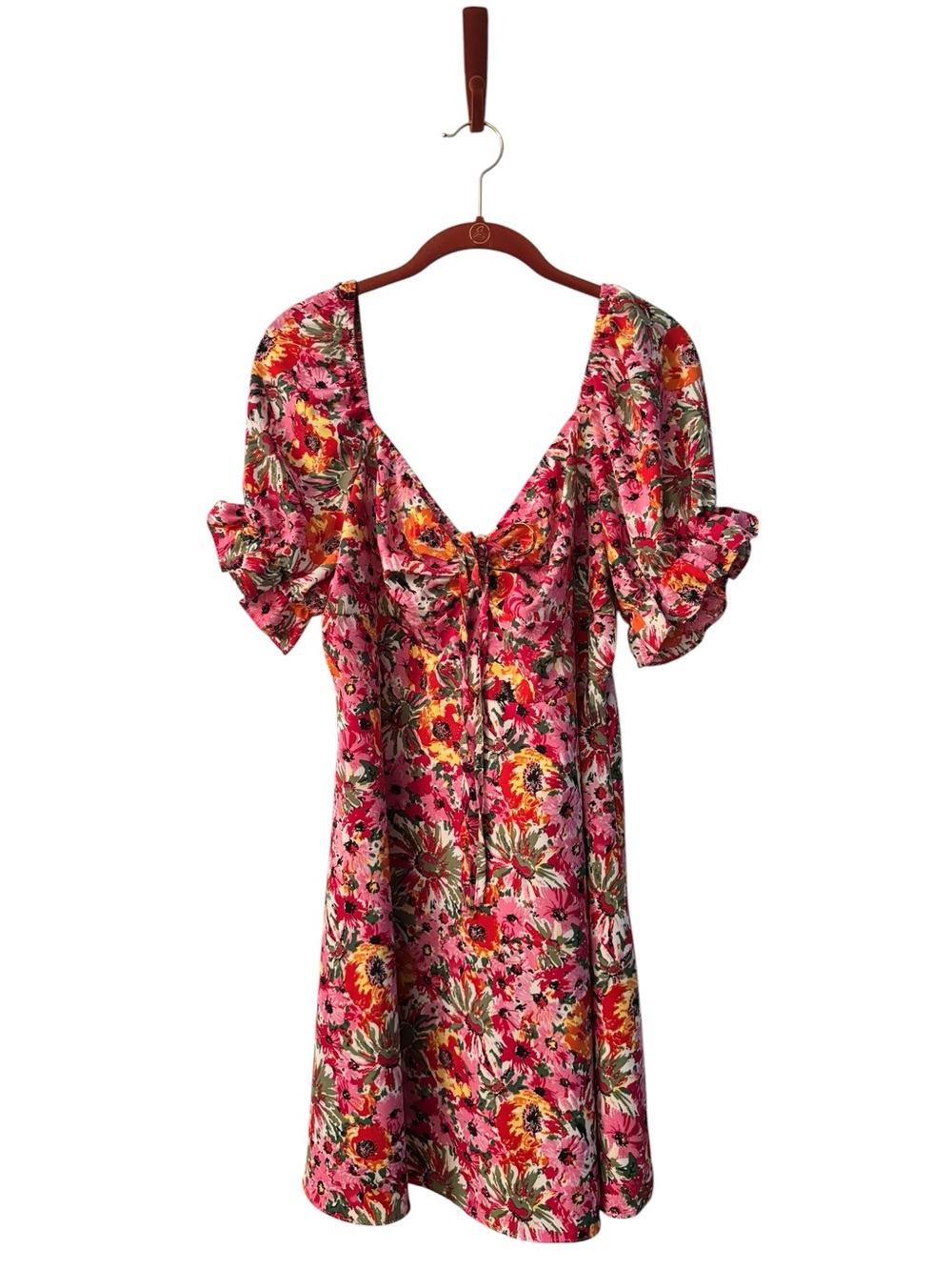SHEIN Pink Floral Puff Sleeve Tie-Front Midi Dress 1XL